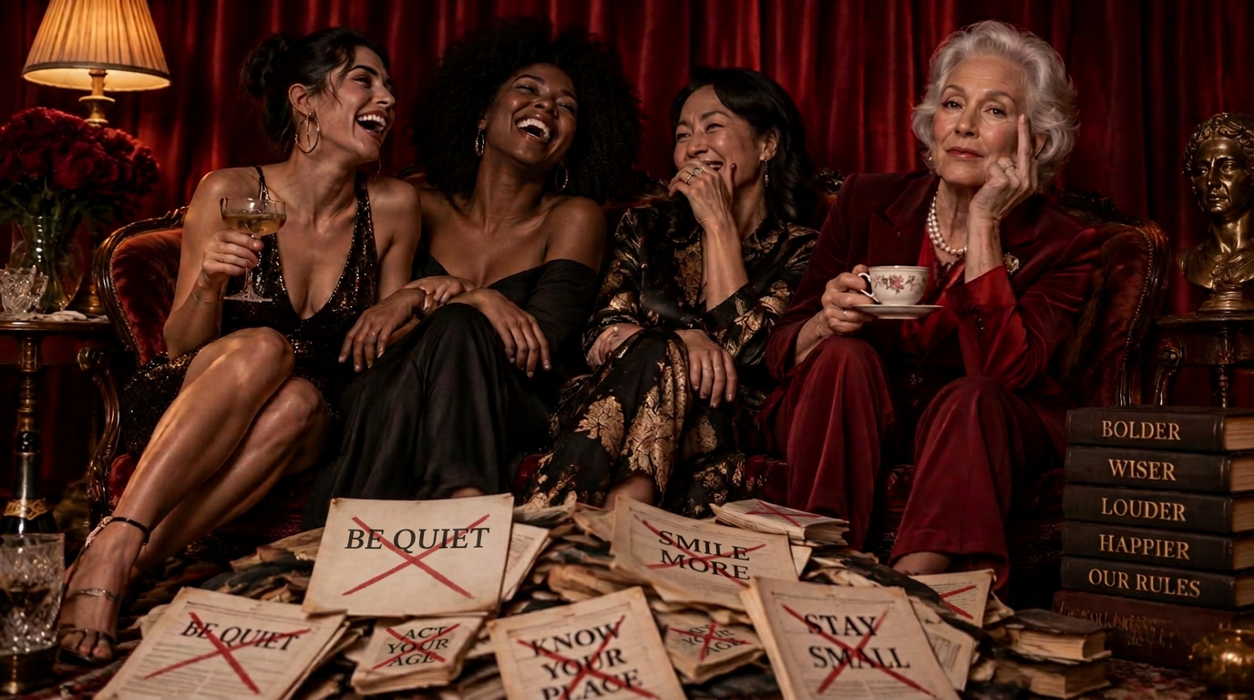 Four women of different ages laughing on a velvet sofa over crossed-out rulebook pages, while a silver-haired woman sips tea and rests one very specific finger on her cheek